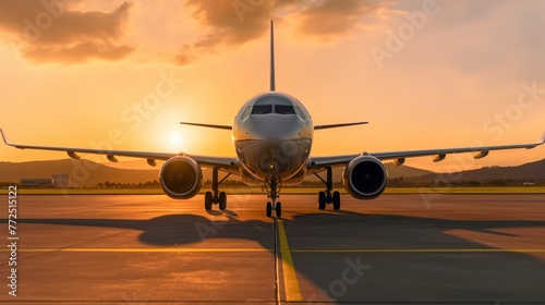 A commercial jet airplane parked on the tarmac at an airport with a beautiful sunset and hills in the background photo