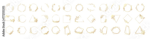 Golden hand drawn floral frames with flowers, branch and leaves. Set of floral design elements, frames and labels made with continuous line drawing