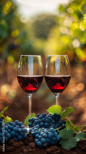 Two wineglasses with red wine  bunches of grapes