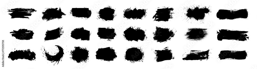 Ink brushstroke silhouettes and paintbrush template with splashes grunge. Black ink grunge brush strokes. Vector paintbrush set. Grunge design elements. Painted ink stripes