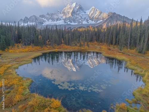 A small pond nestled amidst towering trees and majestic mountains