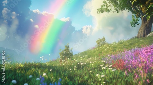 view of a rainbow on the grass after the rain