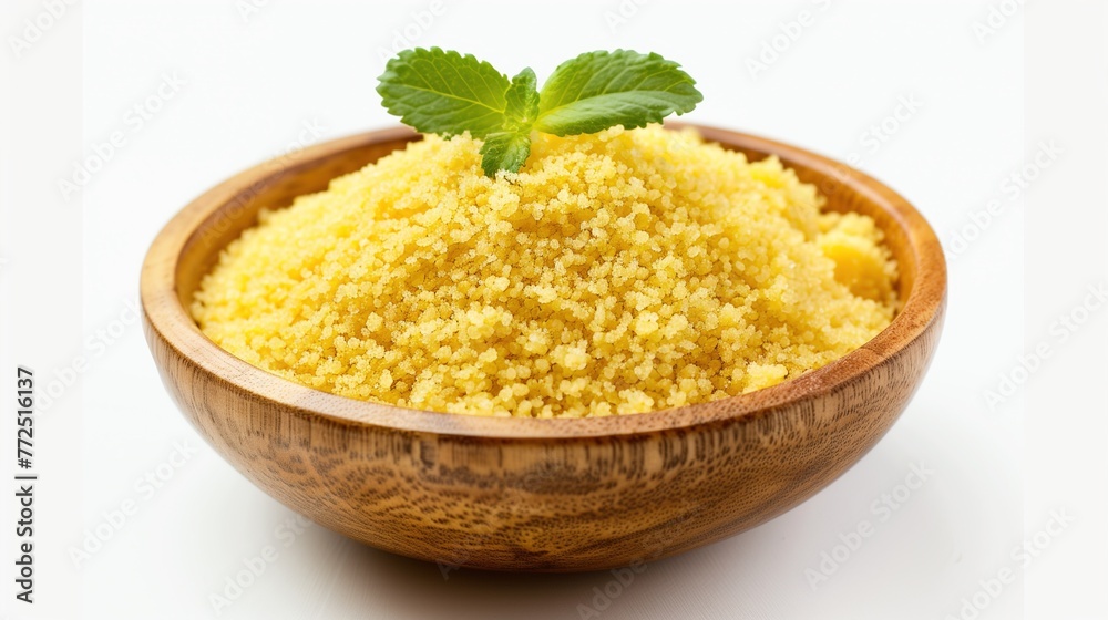 Fresh Couscous in Wooden Bowl with Mint Leaf Isolated on White Background
