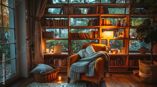 Inviting Home Reading Nook with Armchair and Bookshelves by Window