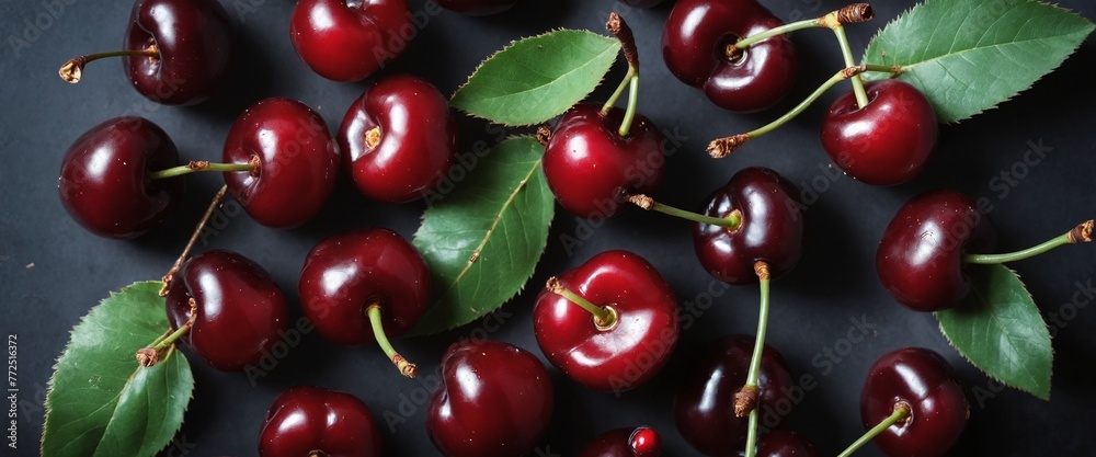 Fresh cherry fruits and green leaves on dark. Top view, flat lay. Fresh cherry fruits and green leaves on dark. Top view, flat lay.