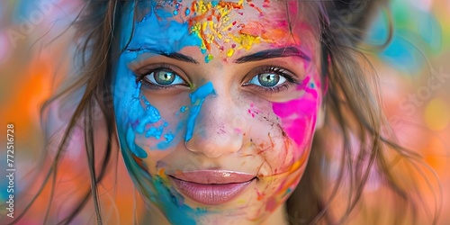 Young millennial Woman with colorful paint on her face - flirty and friendly having fun photo