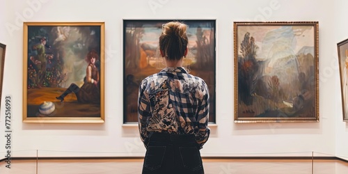 Young generation Z woman standing in an art gallery staring at hanging paintings on the wall