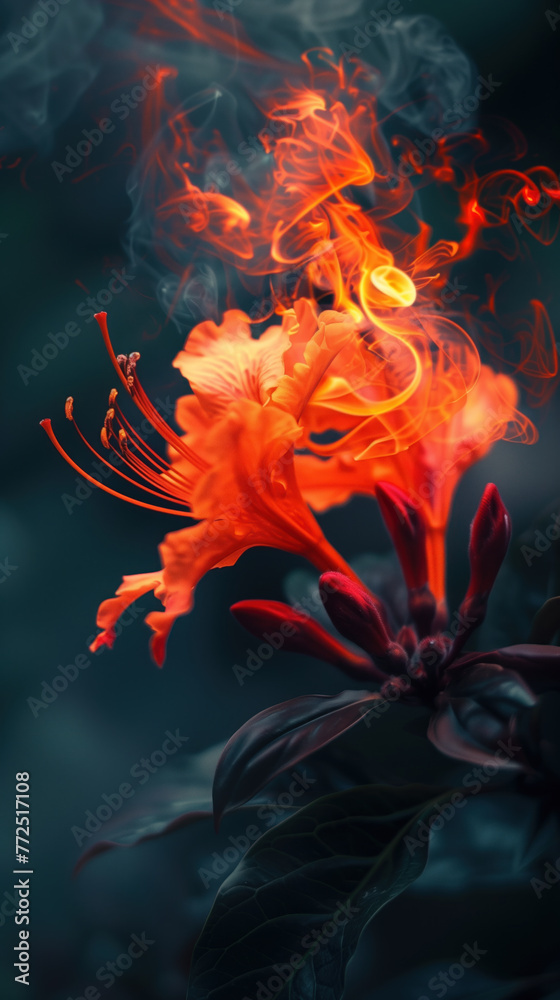 Fototapeta premium Beautiful fiery flower on a dark background. Digital art. The image is impressive in its unexpectedness and can be used in design in a wide variety of areas.