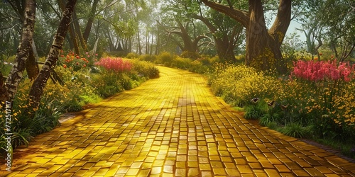 Yellow brick roadway in the forest  photo