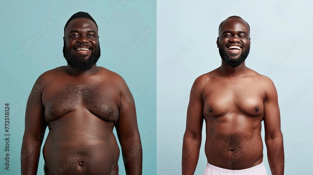 Comparative before and after, diet and exercise of an adult black man, on a split screen. Comparative before and after, diet and exercise of an adult black man, on a split screen.