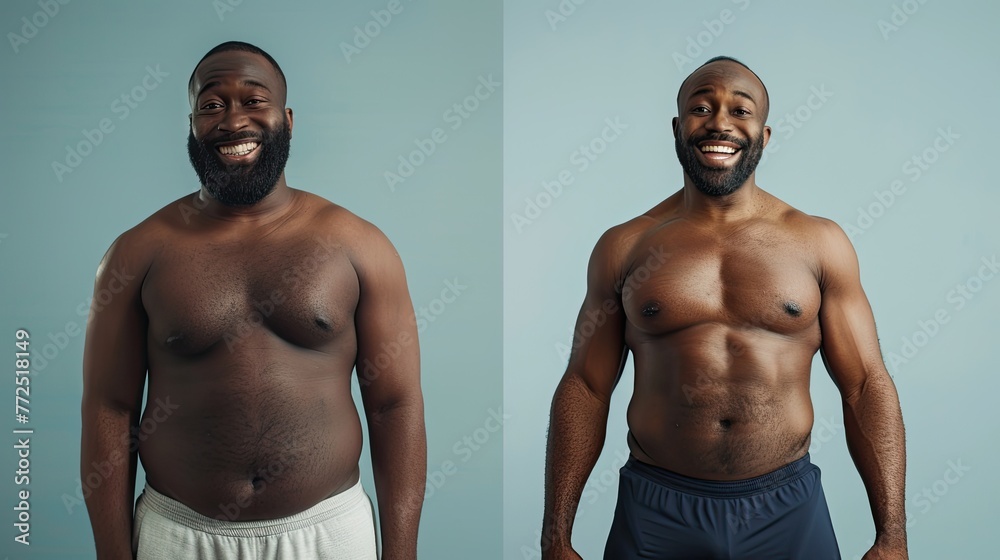 Comparative before and after, diet and exercise of an adult black man, on a split screen.