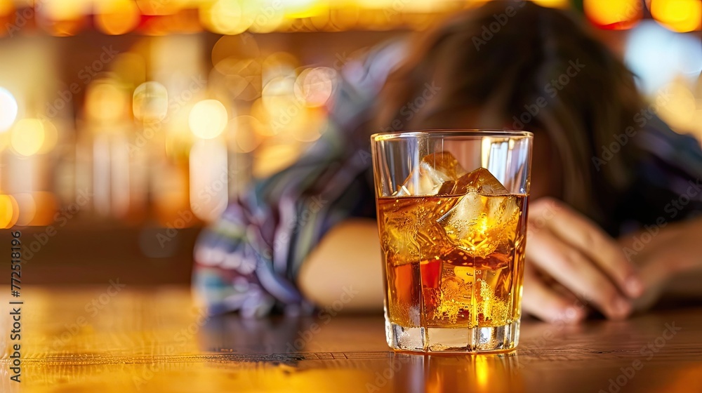 A glass of alcoholic beverage on the bar counter, in the background there is an out-of-focus man harmed by the drink. A glass of alcoholic beverage on the bar counter, in the background there is an out-of-focus man harmed by the drink.