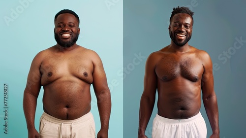 Comparative before and after, diet and exercise of an adult black man, on a split screen. photo