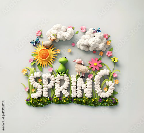  Spring time concept with colorful flowers, sheep, frog, butterfly, sun and clouds on light background. photo