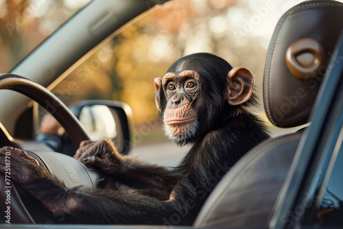 A monkey is sitting in the driver's seat of a car © mila103