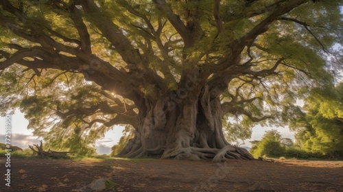 Centenarian tree with large trunk and big roots above the ground  AI-generated