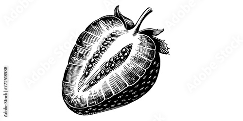 Vector vintage illustration of Half of strawberry. Fruit logo hand drawn sketch. Black line art on white background. © Artem