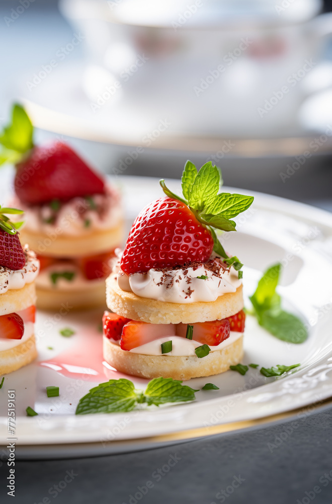 Mini strawberry and cream shortcake bites on a plate. Vertical, side view. Mini strawberry and cream shortcake bites on a plate. Vertical, side view.