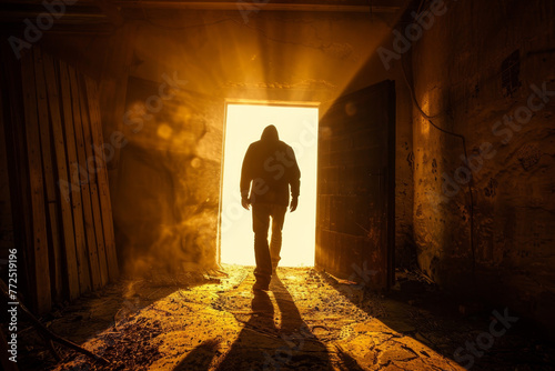 A man walks through a doorway into a dark room