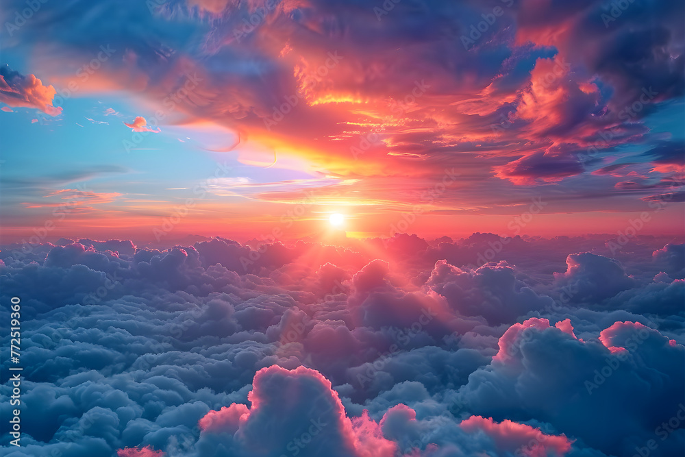 Beautiful sunset sky above clouds with dramatic light, representing the international day for the preservation of the ozone layer - obrazy, fototapety, plakaty 