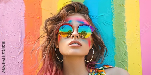 Young woman wearing rainbow sunglasses, rainbow hair, rainbow dress photo