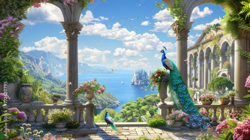 graceful arches, ornate columns, and blooming flowers adorning the stairs, leading to a garden where majestic peacocks roam freely against the backdrop of a tranquil lake view. - obrazy, fototapety, plakaty 
