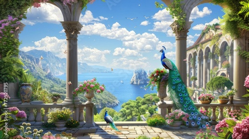 graceful arches, ornate columns, and blooming flowers adorning the stairs, leading to a garden where majestic peacocks roam freely against the backdrop of a tranquil lake view. photo