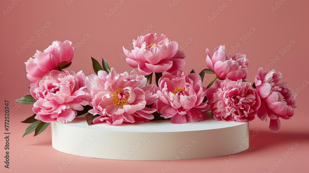 Pink Peonies Scattered Around White Pedestal Pink Peonies Scattered Around White Pedestal