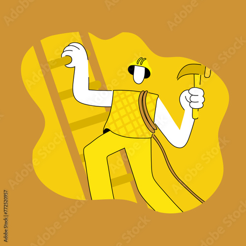 A carpenter is climbing a ladder, holding a hammer in one hand yellow tone style.