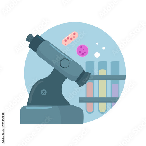 Obraz na plátně A microscope, a test tube, and a unicellular organism flat art style