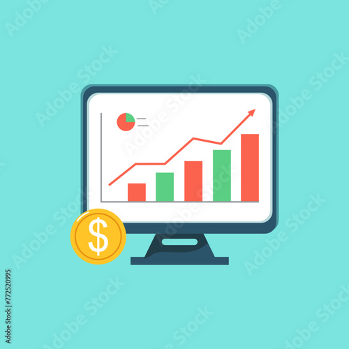 Stock graph on a computer screen and coin.