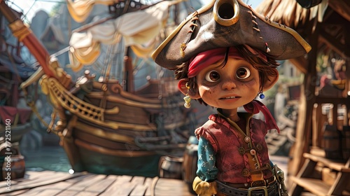Pirate with a pirate ship background in modern animation style