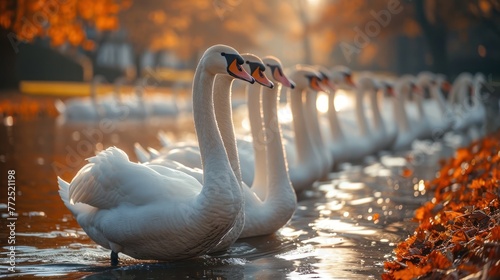 Fototapeta Naklejka Na Ścianę i Meble -  a crowd of beautiful white swans in the garden behind the house