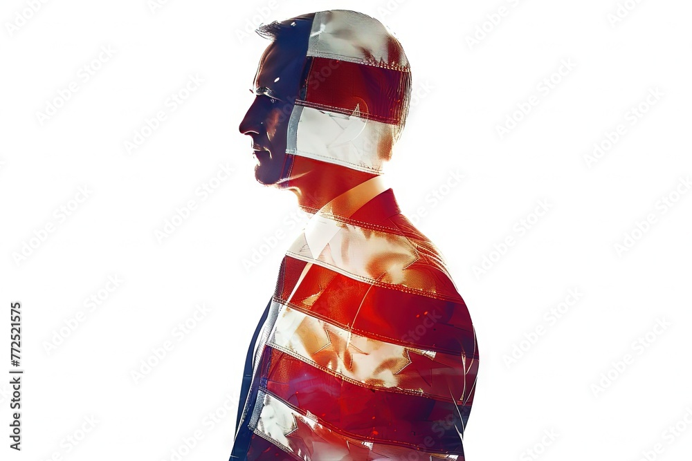 Double exposure image of politician - male political candidate with american flag on white