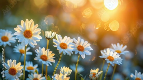 Field of Daisies With Sun Setting