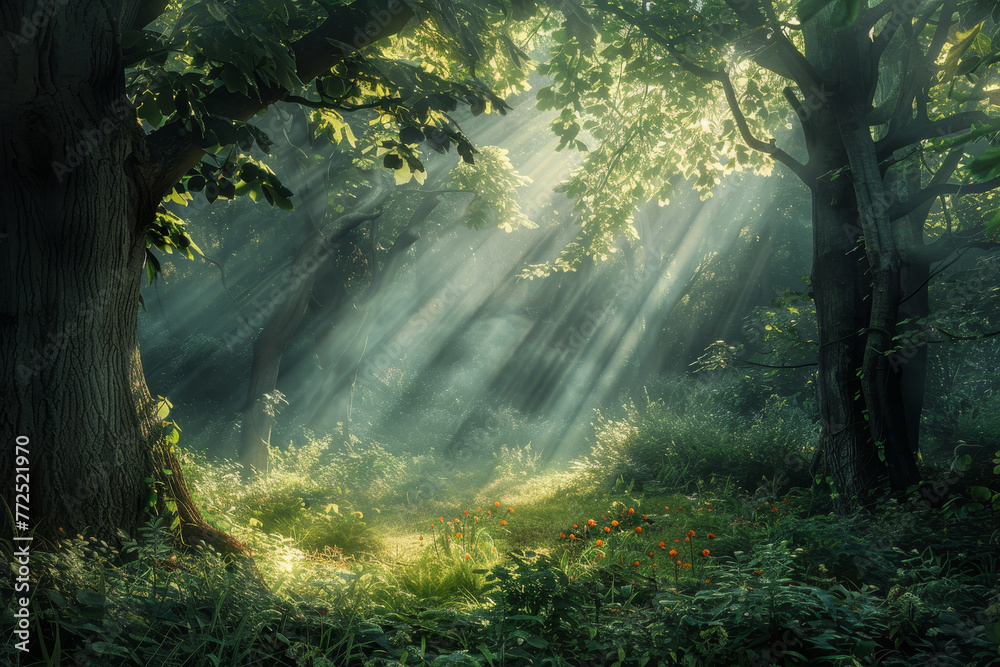 Fototapeta premium A forest with a tree in the foreground and a path leading to it