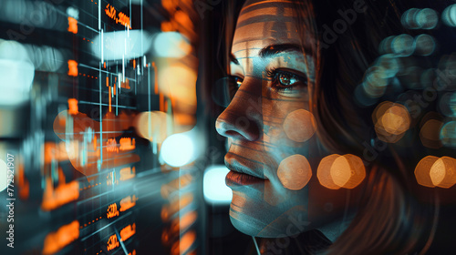 Close up, female trader concept, represented by a double exposure of life stock data, computer, or charts at work office 