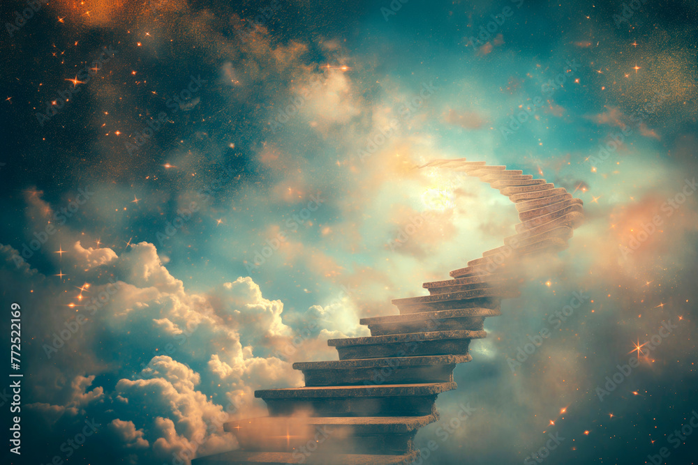 Abstract image of a staircase twisting into the sky, merging with clouds and stars, representing the journey to unknown realms of thought - obrazy, fototapety, plakaty 