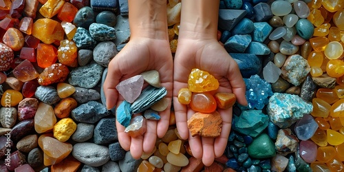 Person collecting minerals and semiprecious stones as a hobby. Concept Mineral Collection, Semiprecious Stones, Hobby Enthusiast, Gemstone Identification, Rockhounding