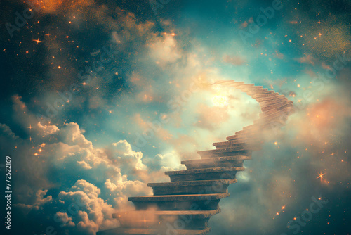 Abstract image of a staircase twisting into the sky, merging with clouds and stars, representing the journey to unknown realms of thought photo