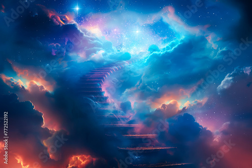 Abstract image of a staircase twisting into the sky, merging with clouds and stars, representing the journey to unknown realms of thought