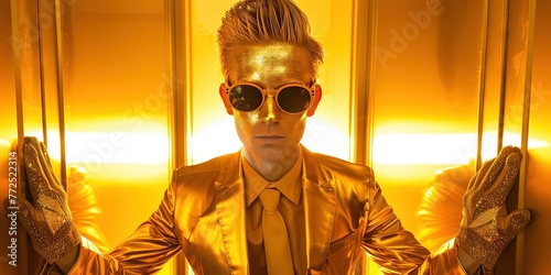 Man painted gold with 24k golden sunglasses and golden suit photo