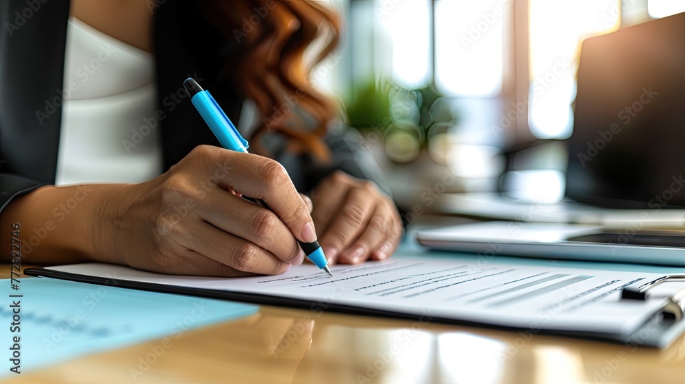 hands meticulously write on paper with a pen, capturing the essence of business dealings in an office background, where a confident businesswoman sits at her desk, signing a contract in a company. hands meticulously write on paper with a pen, capturing the essence of business dealings in an office background, where a confident businesswoman sits at her desk, signing a contract in a company.