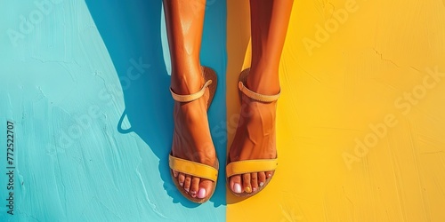 Woman's feet with pedicured toes in sandals with summer background