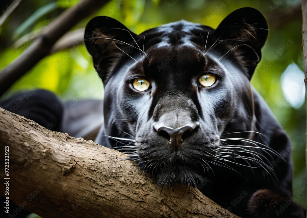 Une panthère noire au regard profond est à l'écoute de la nature et de son environnement sauvage.