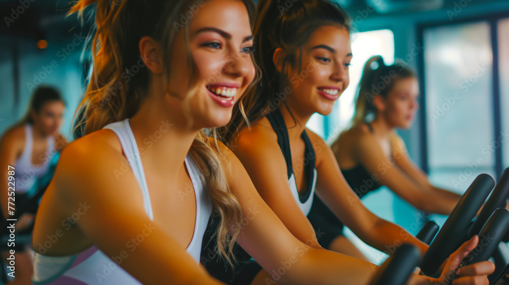 Attractive young women riding stationary indoor bikes at gym