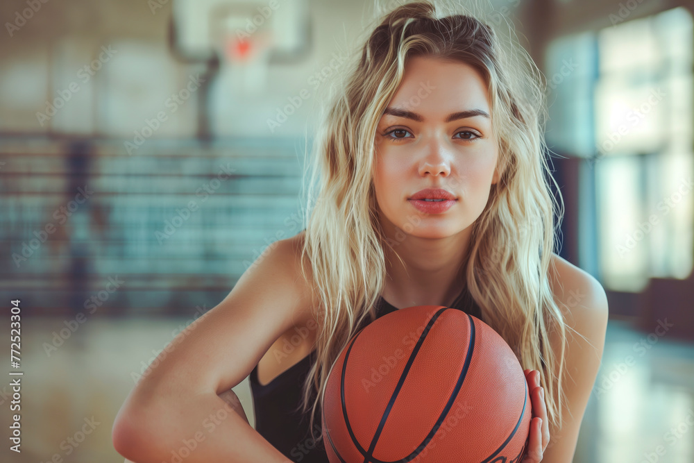 Beautiful Basketball teen female player holding a basket ball posing in basket sports hall. Beautiful Basketball teen female player holding a basket ball posing in basket sports hall.