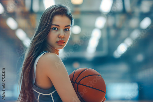Beautiful Basketball teen female player holding a basket ball posing in basket sports hall.