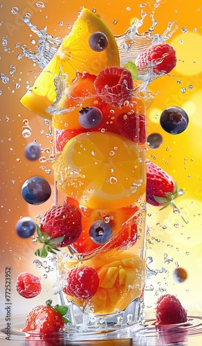 Some fruits floating, cut fruits, juice splash, illustration made with generative AI © Santasombra