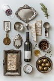 Pesah,Passover holiday easter composition card silver kearah, bottle of wine, matzo,egg, greens traditional Jewish Passover dishes.warm cozy soft evening light,cinematic atmospheric style,holiday mood